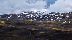 Preview wallpaper mountains, clouds, fog, snow, road, iceland