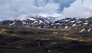 Preview wallpaper mountains, clouds, fog, snow, road, iceland