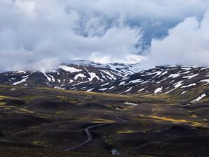 Preview wallpaper mountains, clouds, fog, snow, road, iceland