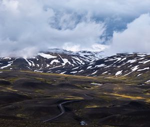 Preview wallpaper mountains, clouds, fog, snow, road, iceland