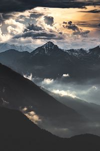 Preview wallpaper mountains, clouds, fog, dusk, landscape