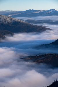 Preview wallpaper mountains, clouds, fog, landscape, aerial view