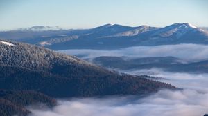 Preview wallpaper mountains, clouds, fog, landscape, aerial view