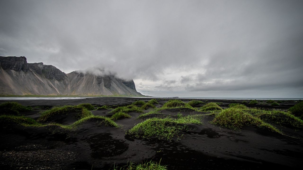 Wallpaper mountains, clouds, grass, landscape, iceland