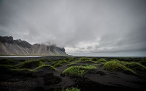 Preview wallpaper mountains, clouds, grass, landscape, iceland