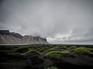 Preview wallpaper mountains, clouds, grass, landscape, iceland
