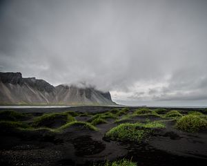 Preview wallpaper mountains, clouds, grass, landscape, iceland