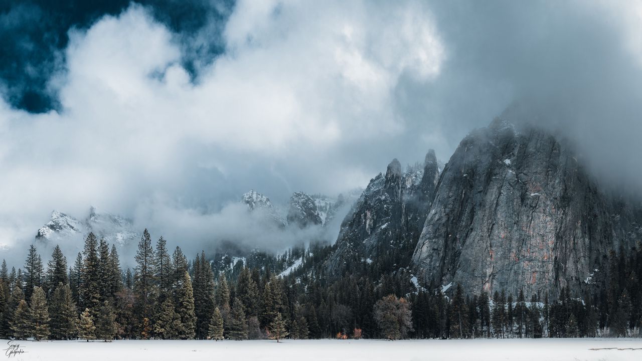 Wallpaper mountains, clouds, landscape, trees