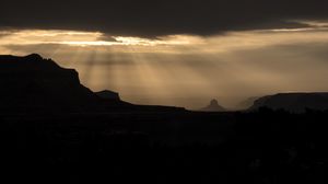 Preview wallpaper mountains, clouds, light, fog, dark