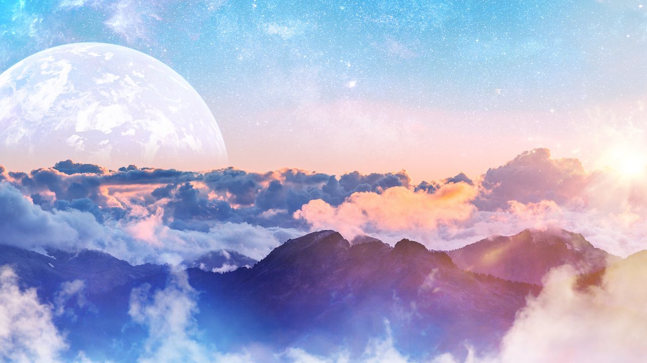 Wallpaper mountains, clouds, moon, height, overview, landscape