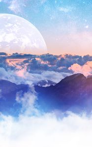 Preview wallpaper mountains, clouds, moon, height, overview, landscape