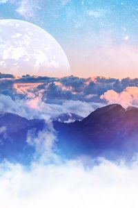 Preview wallpaper mountains, clouds, moon, height, overview, landscape