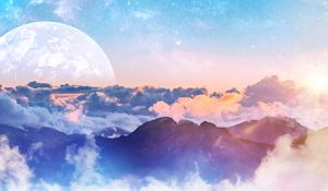 Preview wallpaper mountains, clouds, moon, height, overview, landscape