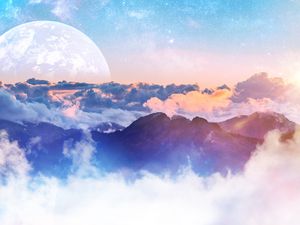 Preview wallpaper mountains, clouds, moon, height, overview, landscape