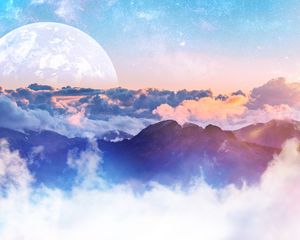 Preview wallpaper mountains, clouds, moon, height, overview, landscape