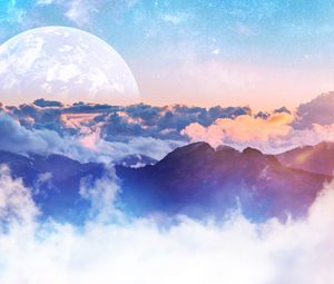 Preview wallpaper mountains, clouds, moon, height, overview, landscape