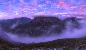 Preview wallpaper mountains, clouds, peak, scotland, pink