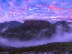 Preview wallpaper mountains, clouds, peak, scotland, pink