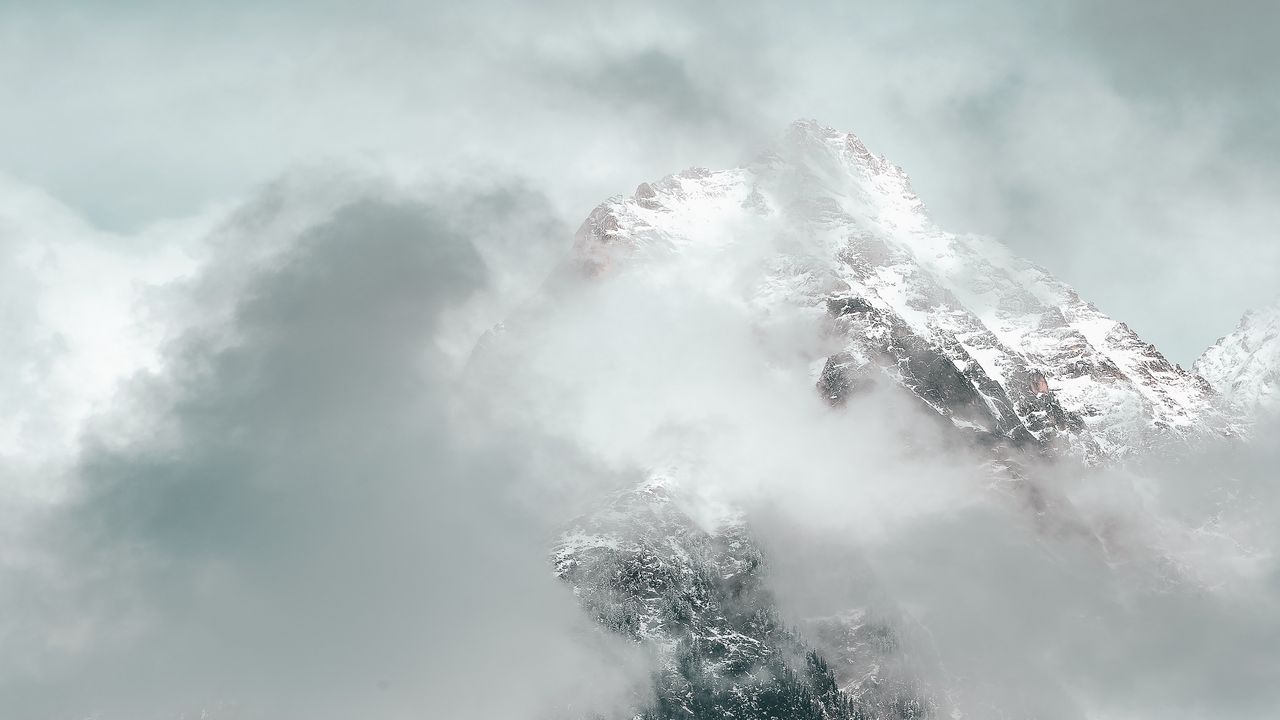 Wallpaper mountains, clouds, peak, forest, slope, snowy