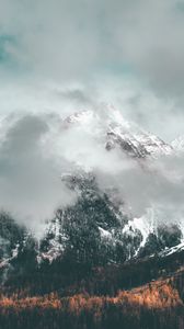 Preview wallpaper mountains, clouds, peak, forest, slope, snowy