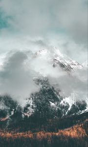 Preview wallpaper mountains, clouds, peak, forest, slope, snowy