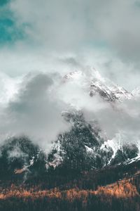 Preview wallpaper mountains, clouds, peak, forest, slope, snowy