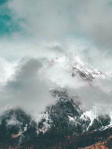 Preview wallpaper mountains, clouds, peak, forest, slope, snowy