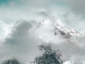 Preview wallpaper mountains, clouds, peak, forest, slope, snowy
