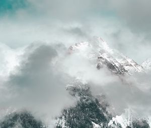 Preview wallpaper mountains, clouds, peak, forest, slope, snowy