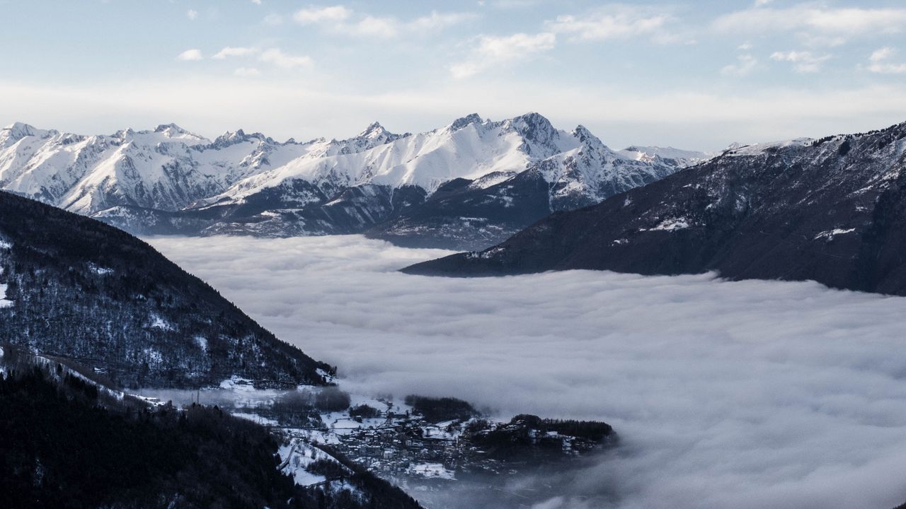 Wallpaper mountains, clouds, peaks, aerial view, sky hd, picture, image