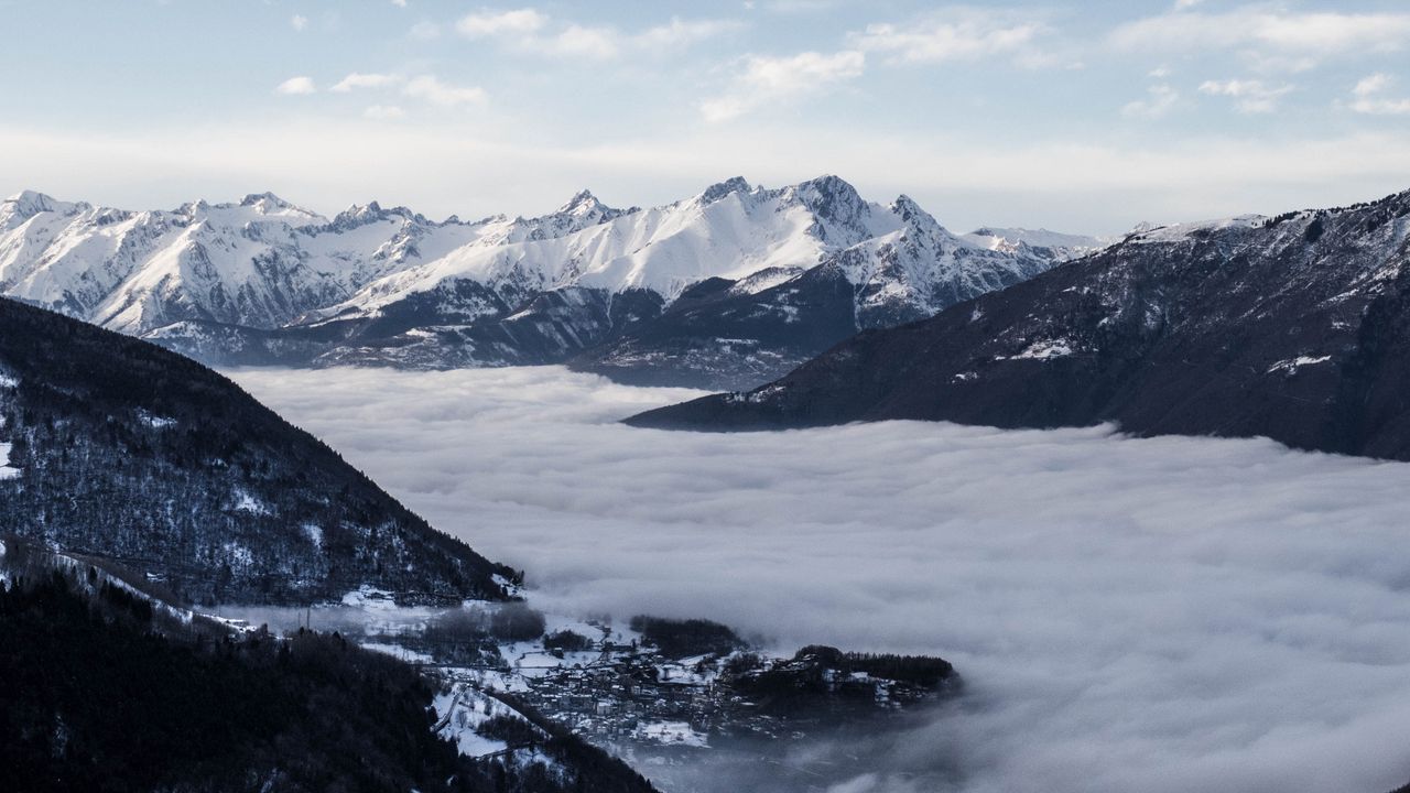 Wallpaper mountains, clouds, peaks, aerial view, sky