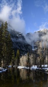 Preview wallpaper mountains, clouds, river, trees, snow