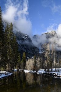Preview wallpaper mountains, clouds, river, trees, snow