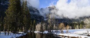 Preview wallpaper mountains, clouds, river, trees, snow