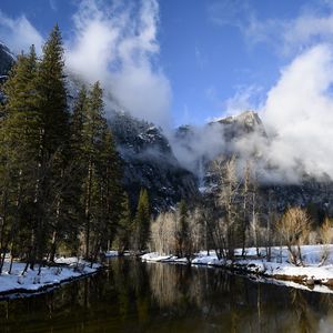 Preview wallpaper mountains, clouds, river, trees, snow