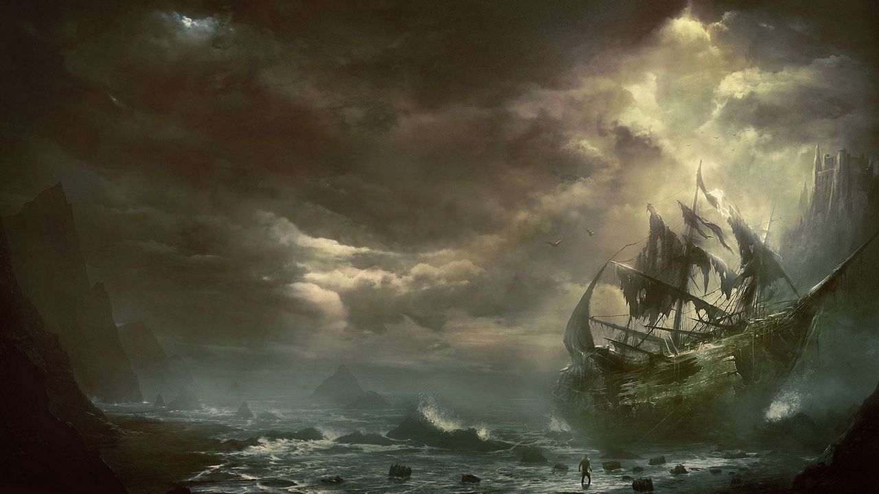 Wallpaper mountains, clouds, sea, ship, sailboat, destroyed
