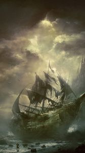 Preview wallpaper mountains, clouds, sea, ship, sailboat, destroyed