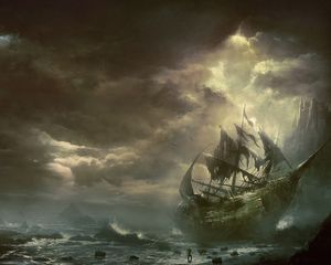 Preview wallpaper mountains, clouds, sea, ship, sailboat, destroyed