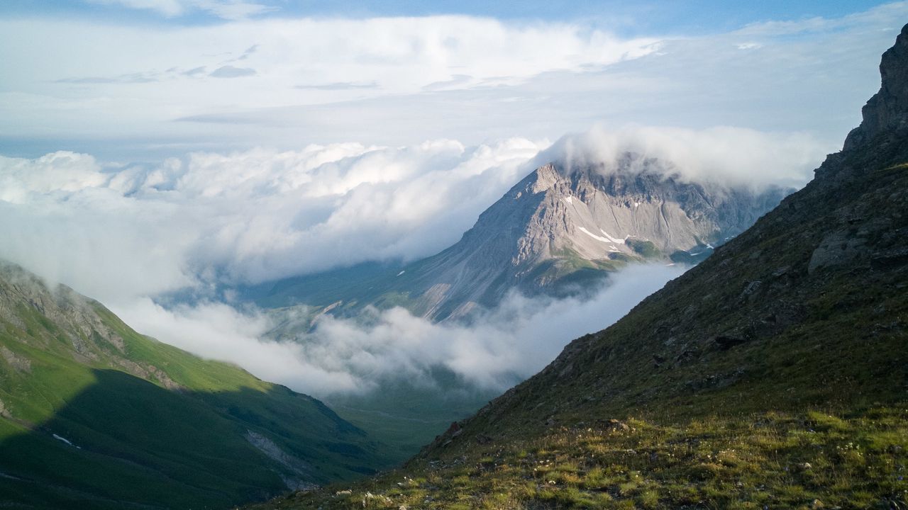 Wallpaper mountains, clouds, slope, grass, nature hd, picture, image