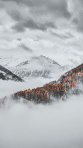 Preview wallpaper mountains, clouds, snowy, forest, landscape