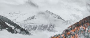 Preview wallpaper mountains, clouds, snowy, forest, landscape