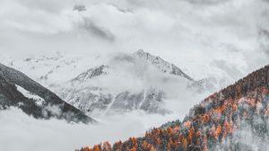 Preview wallpaper mountains, clouds, snowy, forest, landscape