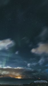 Preview wallpaper mountains, clouds, starry sky, night, aurora, landscape
