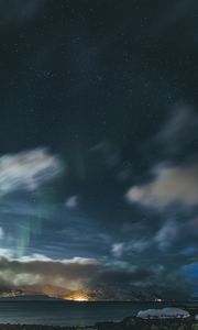 Preview wallpaper mountains, clouds, starry sky, night, aurora, landscape