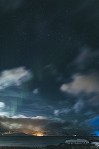 Preview wallpaper mountains, clouds, starry sky, night, aurora, landscape