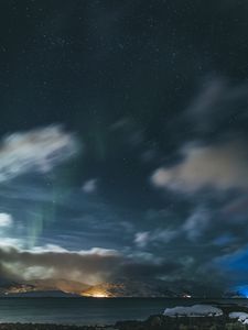 Preview wallpaper mountains, clouds, starry sky, night, aurora, landscape