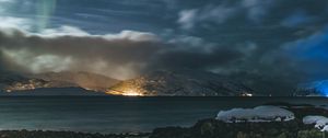 Preview wallpaper mountains, clouds, starry sky, night, aurora, landscape