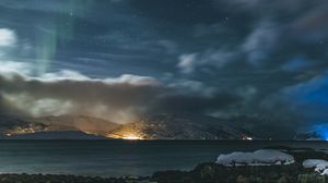 Preview wallpaper mountains, clouds, starry sky, night, aurora, landscape