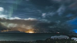 Preview wallpaper mountains, clouds, starry sky, night, aurora, landscape