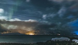 Preview wallpaper mountains, clouds, starry sky, night, aurora, landscape